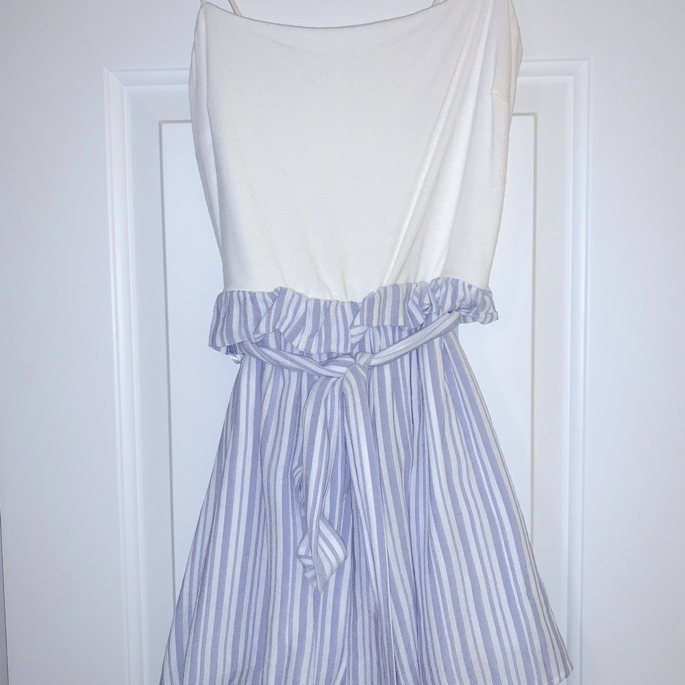 Mixology white and blue striped romper with a tie